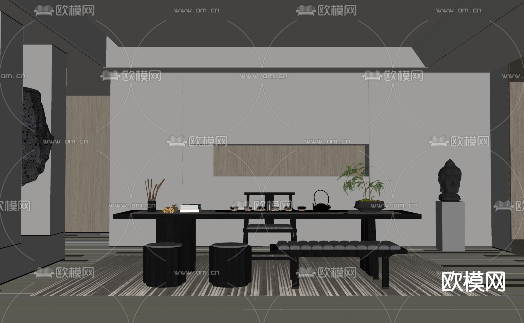 新中式茶室su模型下载（渲染图2）