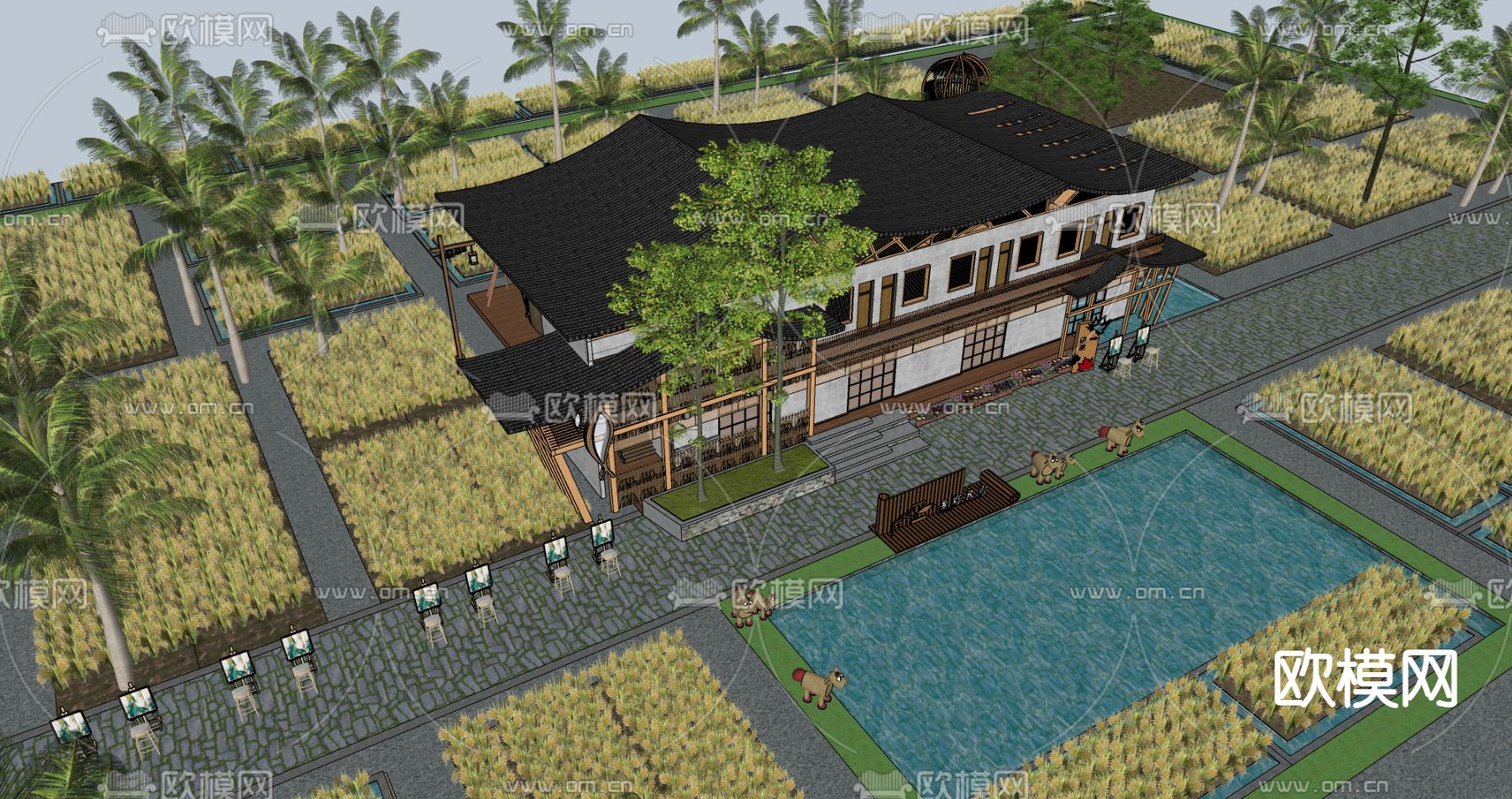 中式田园院落 民宿su模型下载（渲染图4）