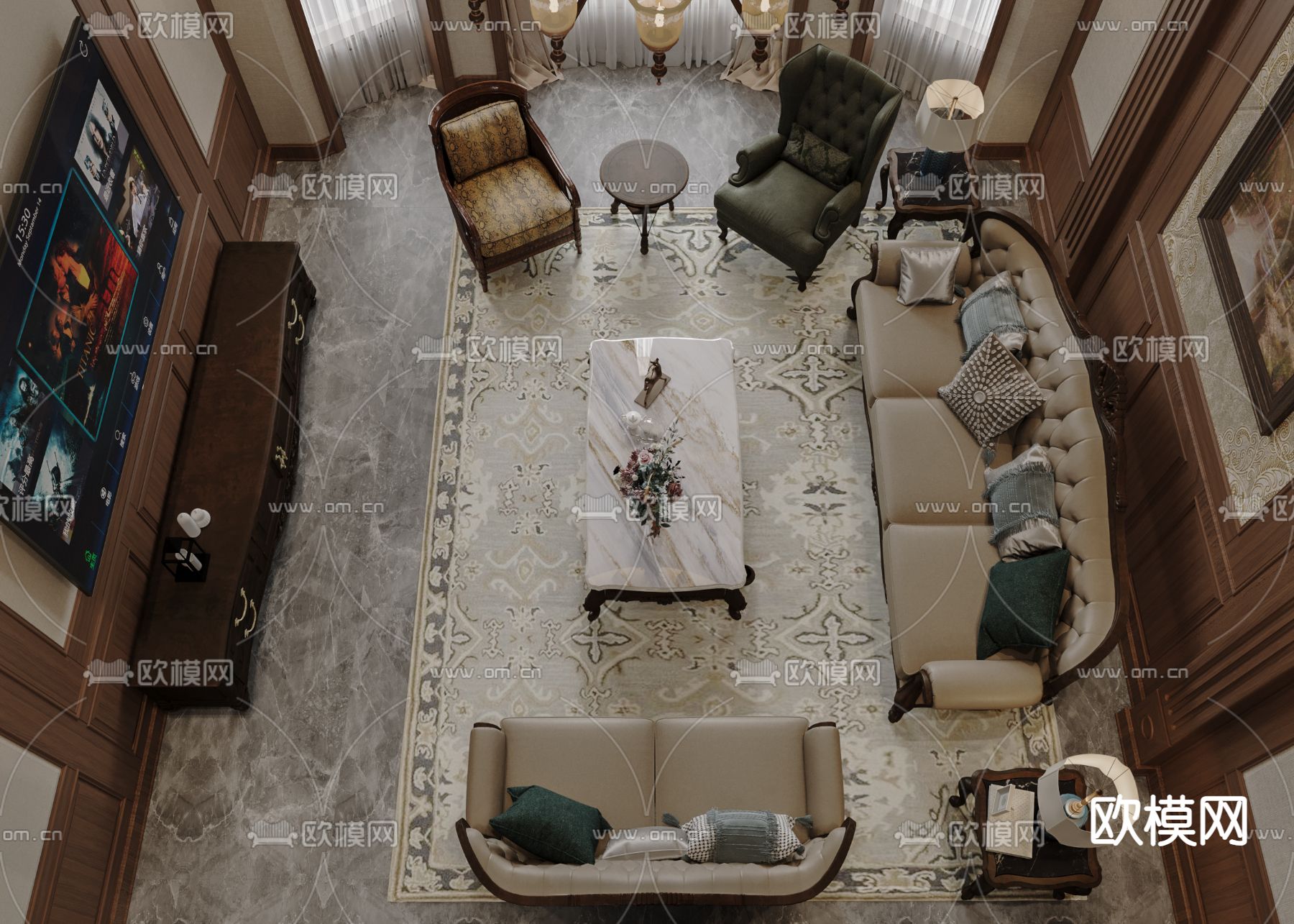 美式客厅 别墅大堂3d模型下载（渲染图2）