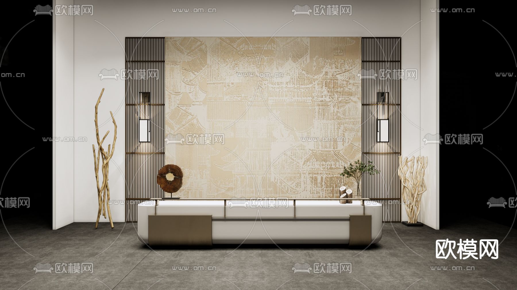 新中式前台 接待台su模型