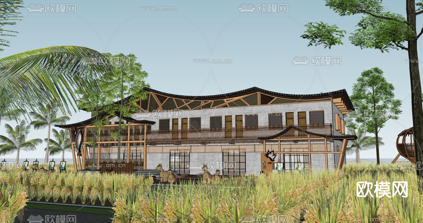 中式田园院落 民宿su模型下载（渲染图3）