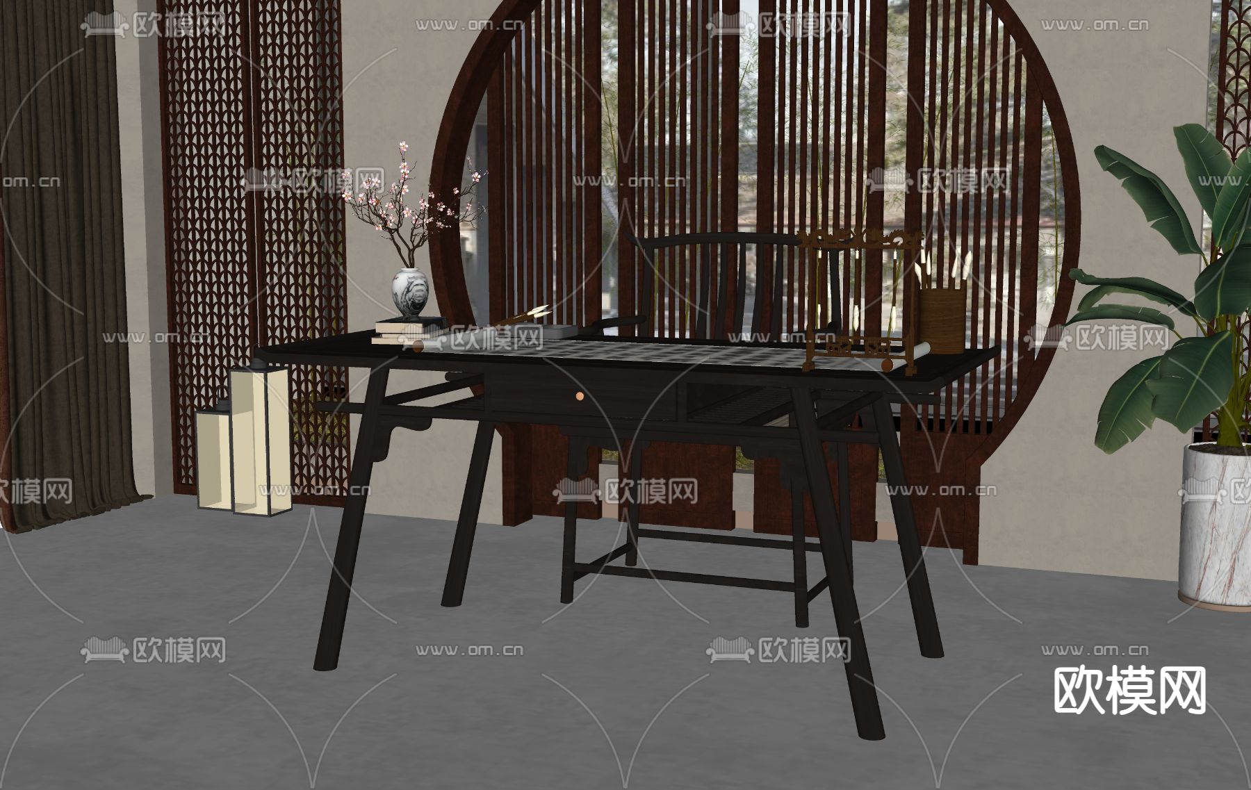 中式书桌椅su模型下载（渲染图2）
