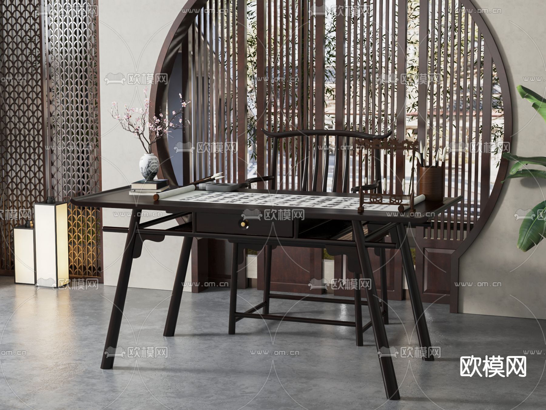 中式书桌椅su模型下载（渲染图1）