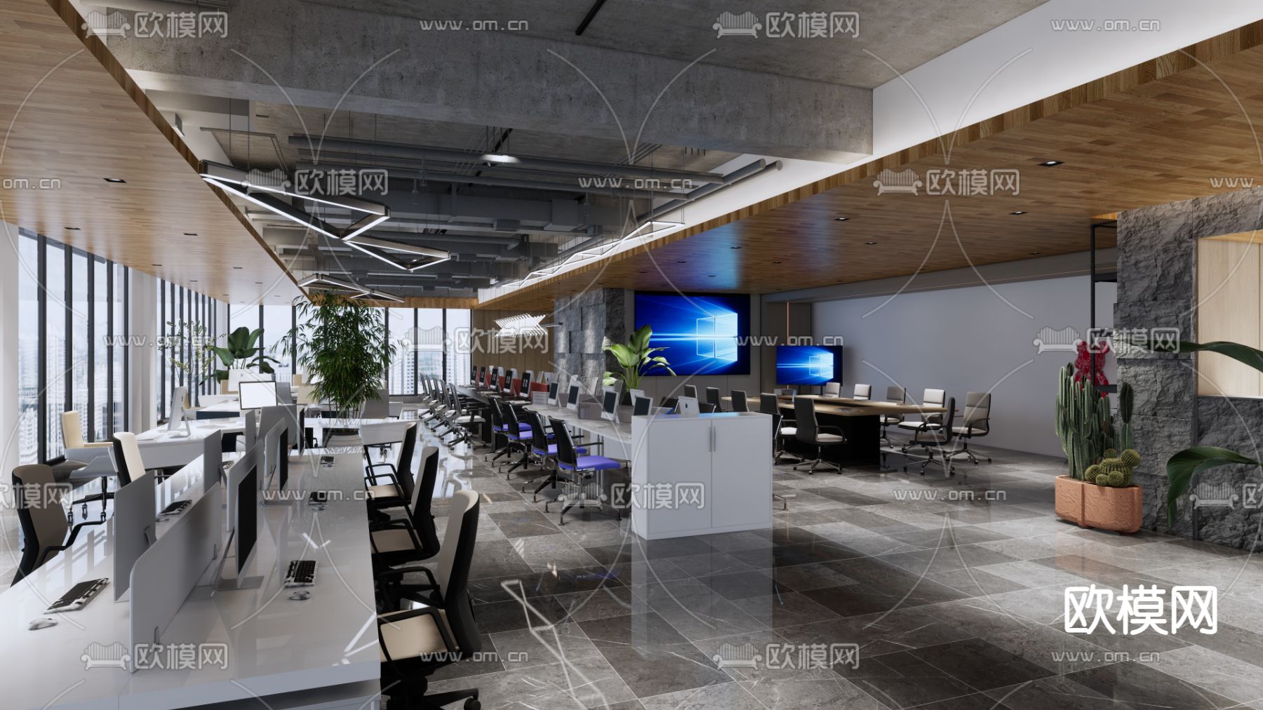 现代公共办公区su模型下载（渲染图1）