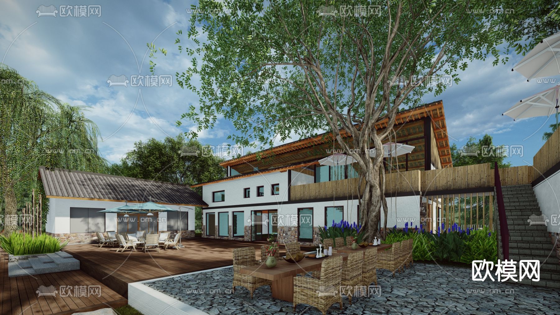 中式田园院落 民宿su模型下载（渲染图1）