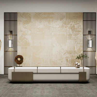  新中式前台 接待台su模型 