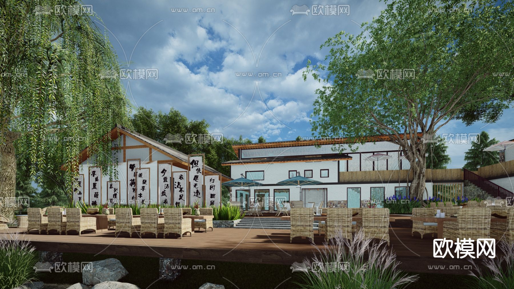 中式田园院落 民宿su模型下载（渲染图2）