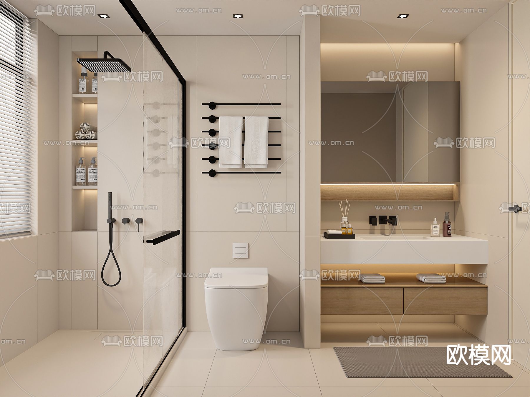 奶油风卫生间 浴室 洗手间3d模型下载（渲染图1）