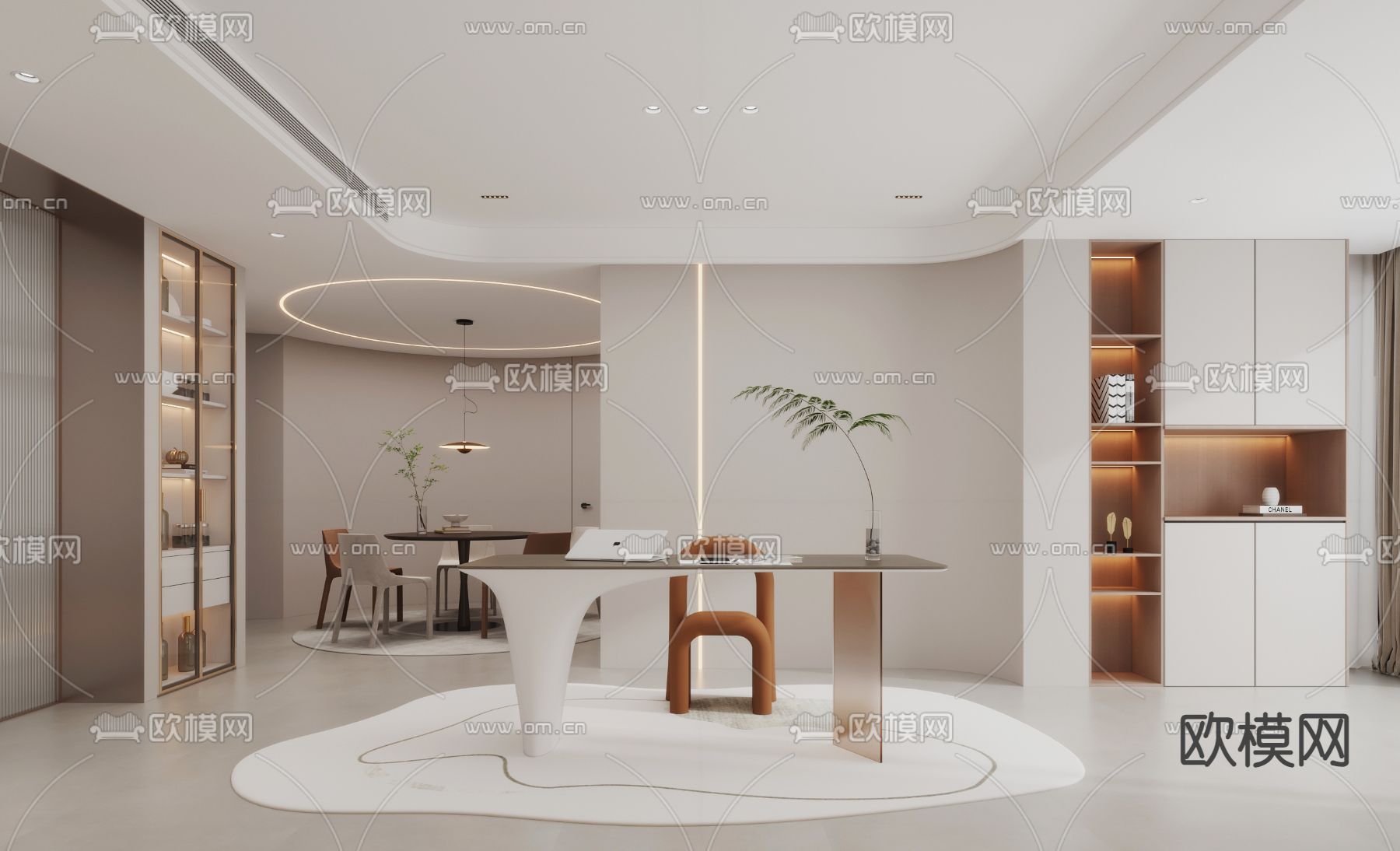 奶油风书房su模型下载（渲染图1）