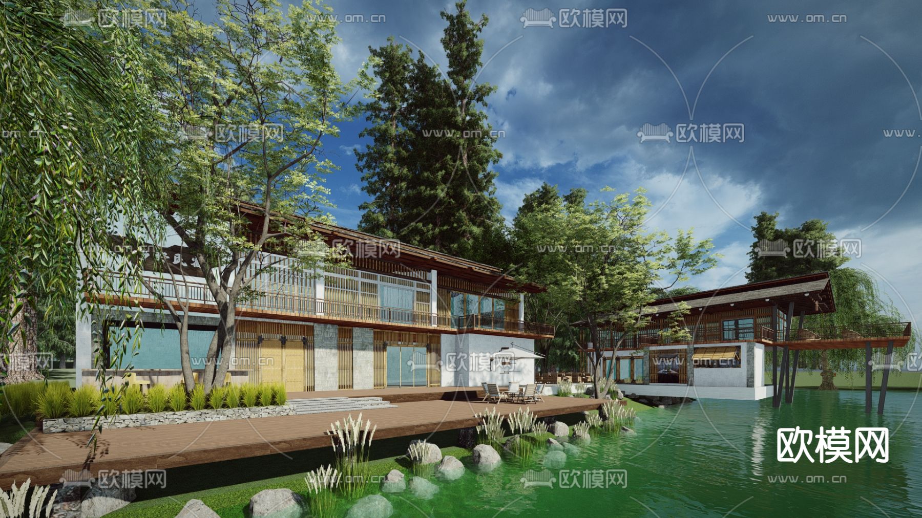 中式乡村田园院落 民宿筑su模型下载（渲染图1）