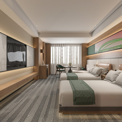  现代酒店双床房su模型 