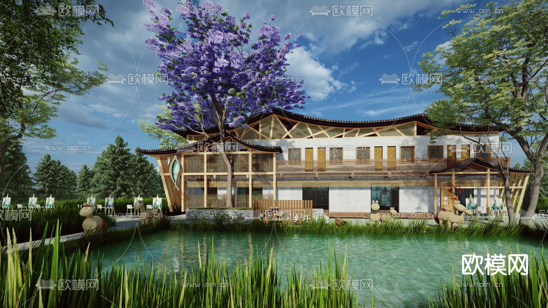 中式田园院落 民宿su模型下载（渲染图1）