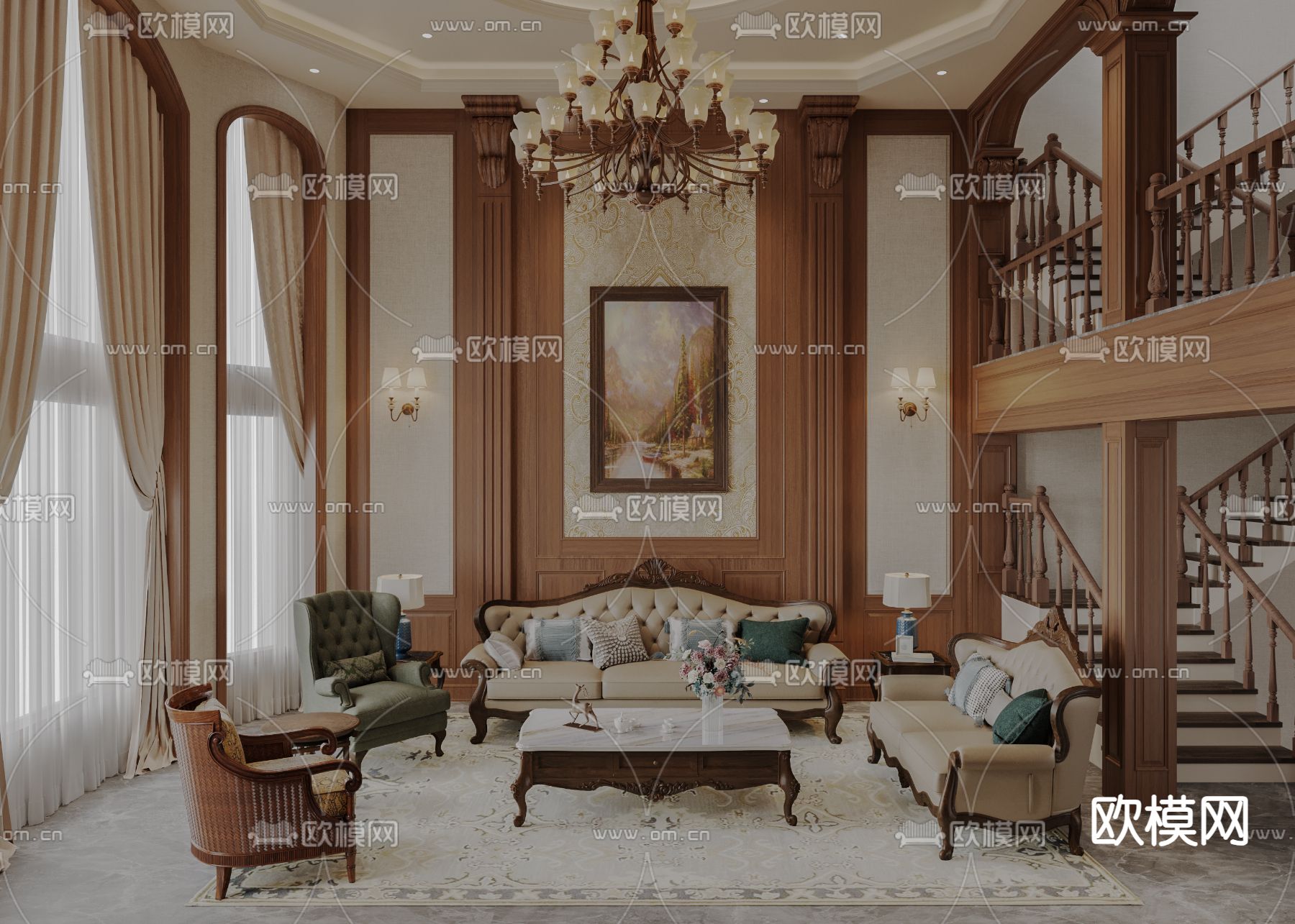 美式客厅 别墅大堂3d模型下载（渲染图1）
