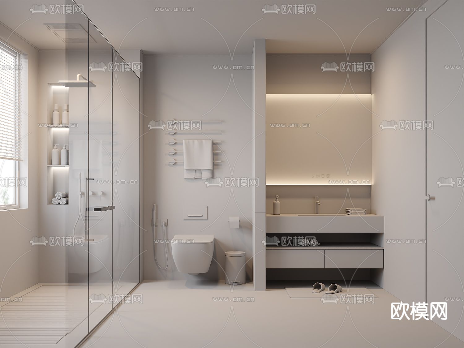 奶油风卫生间 浴室 洗手间3d模型下载（渲染图2）