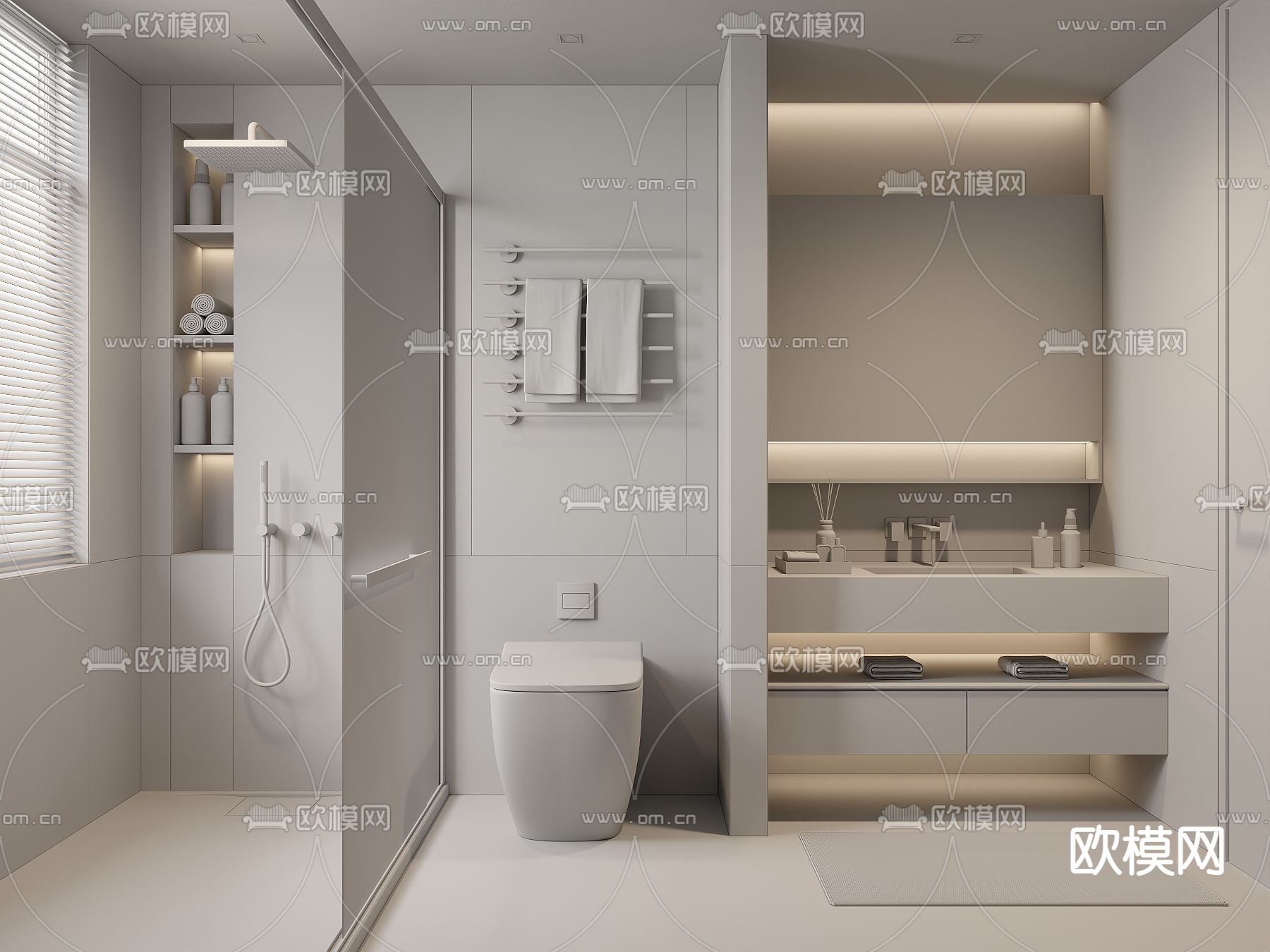 奶油风卫生间 浴室 洗手间3d模型下载（渲染图2）