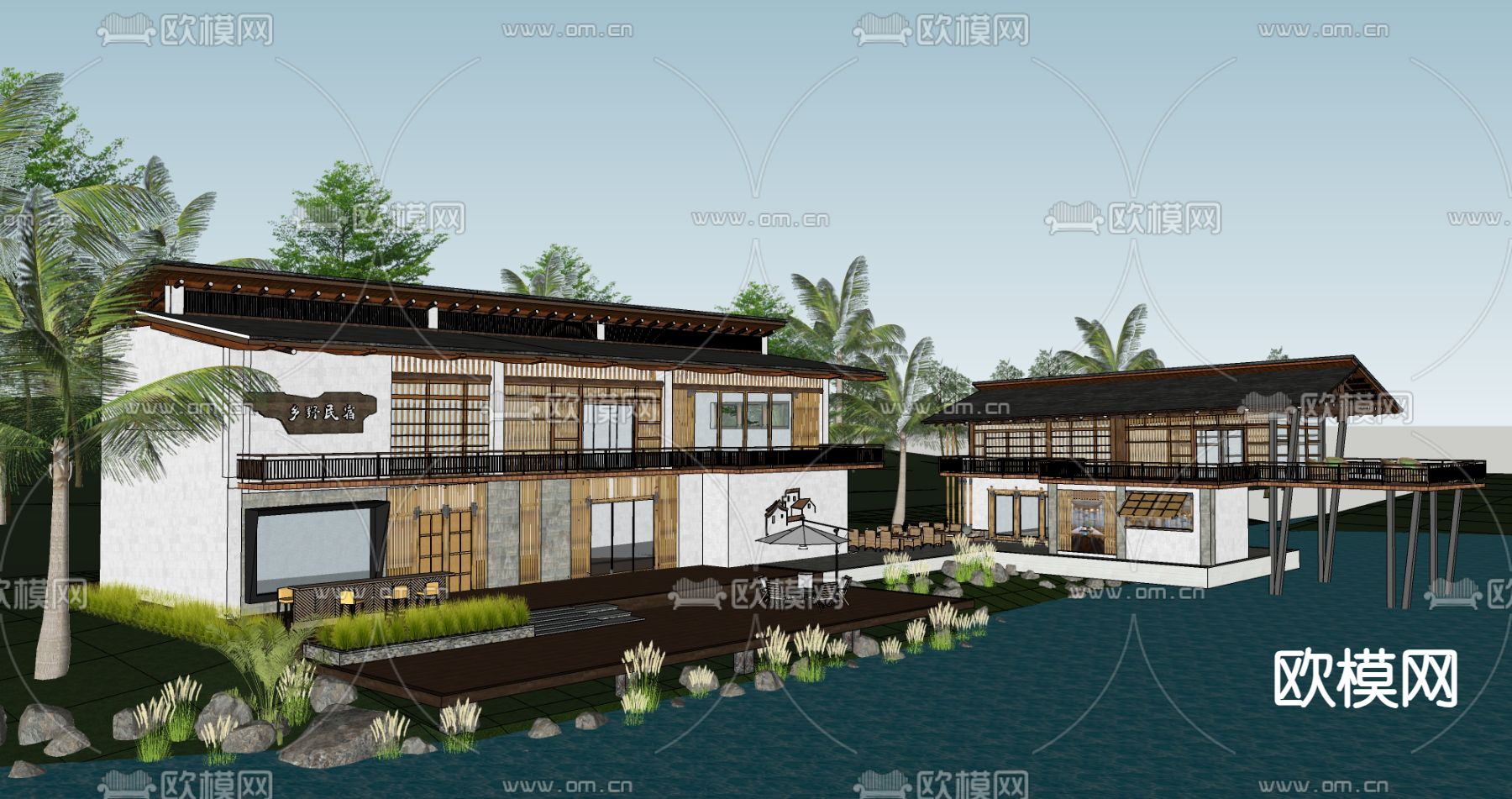 中式乡村田园院落 民宿筑su模型下载（渲染图3）