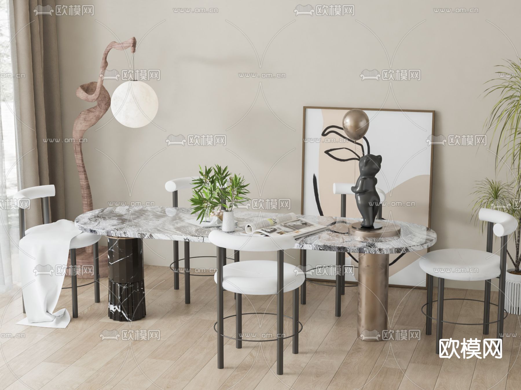 长条餐桌椅3d模型下载