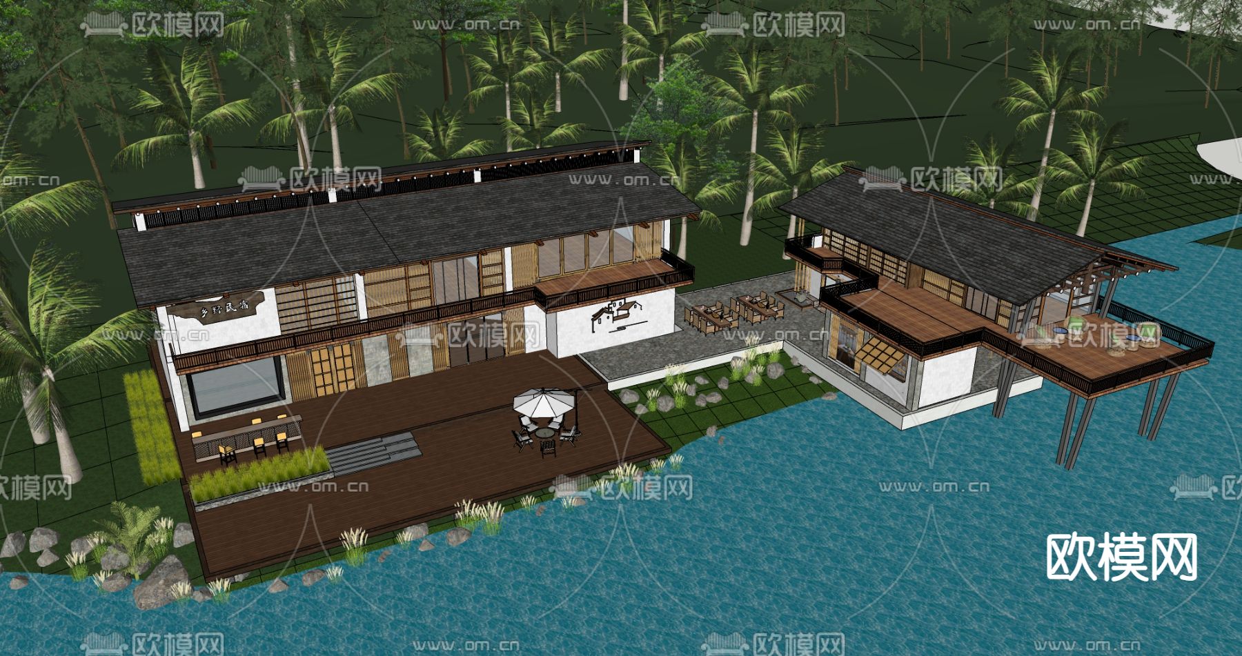 中式乡村田园院落 民宿筑su模型下载（渲染图2）