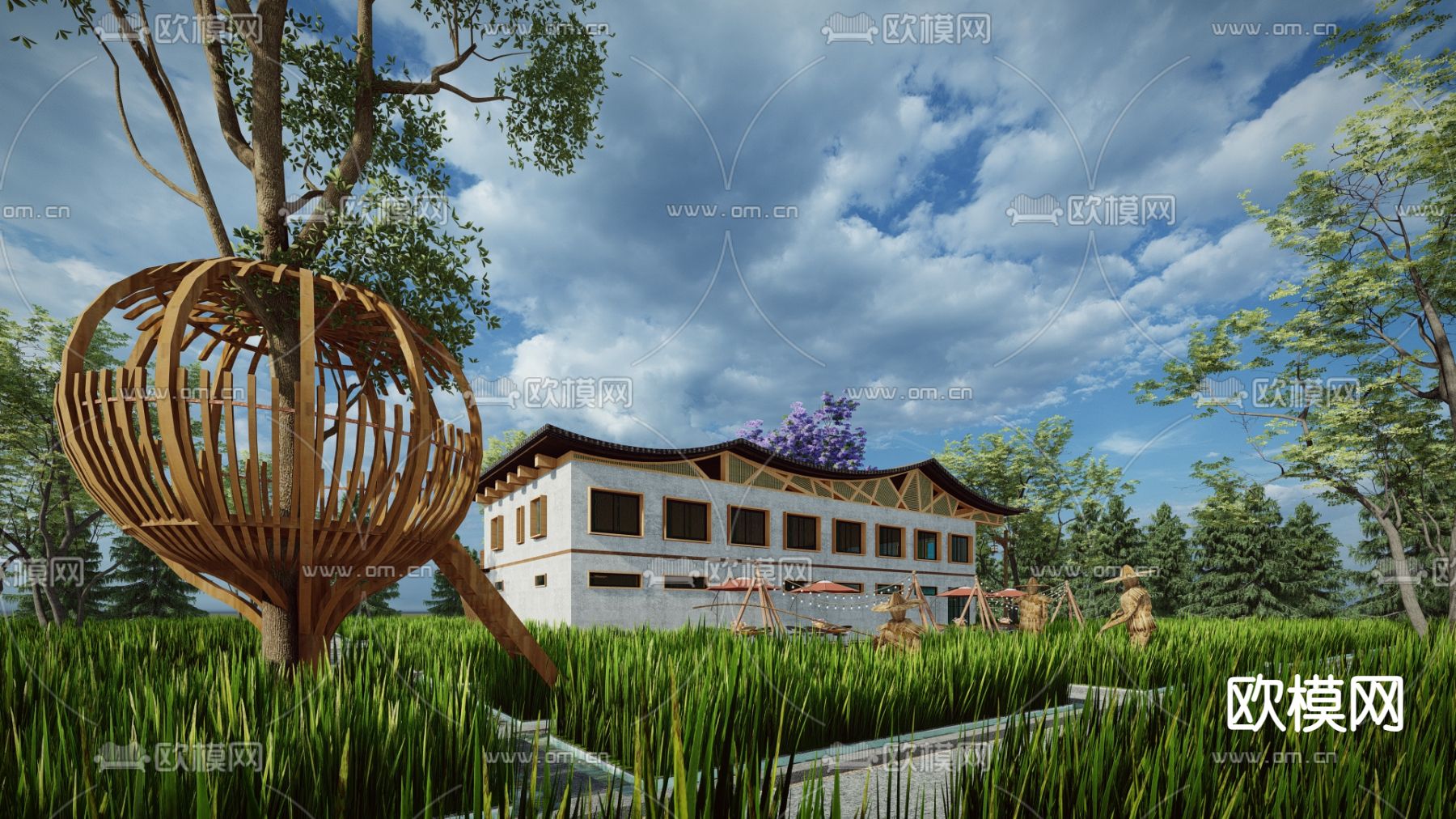 中式田园院落 民宿su模型下载（渲染图2）
