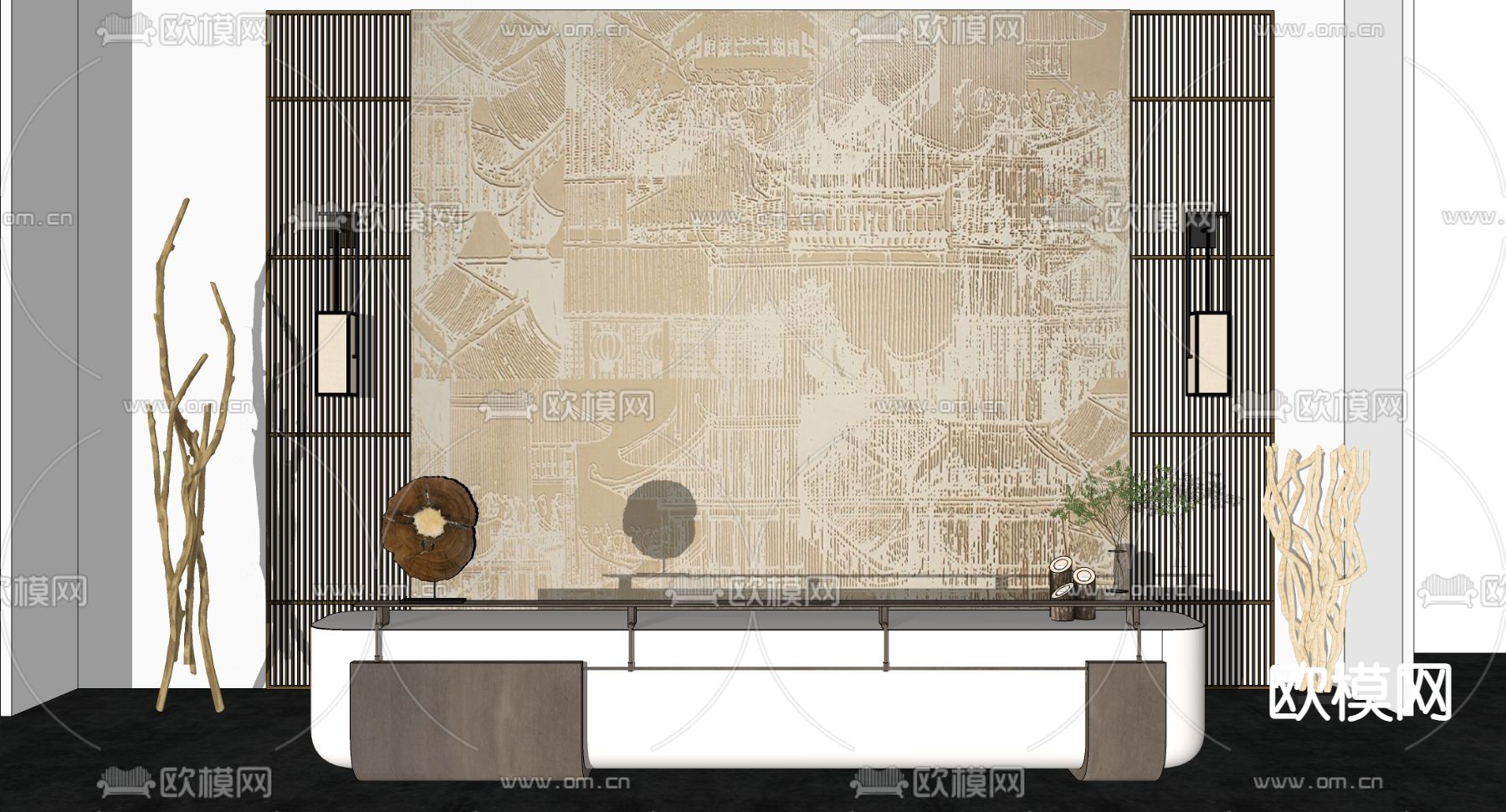 新中式前台 接待台su模型