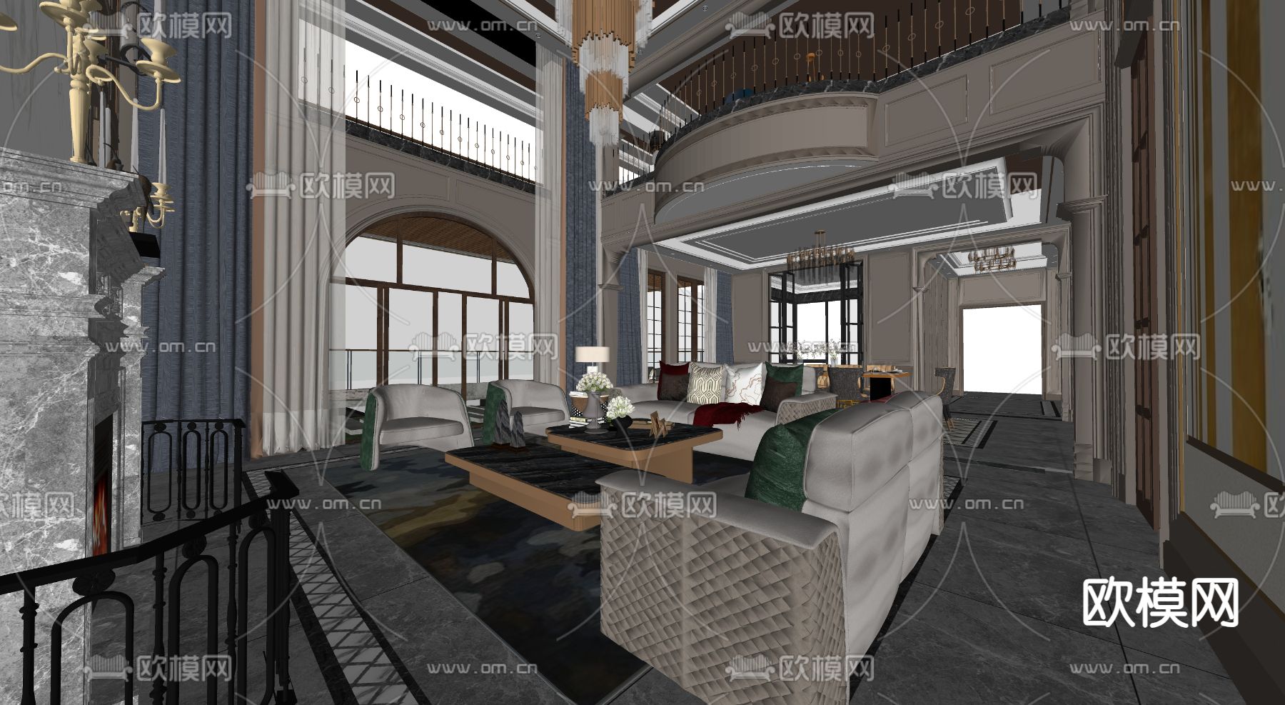 简欧别墅客厅su模型下载（渲染图2）