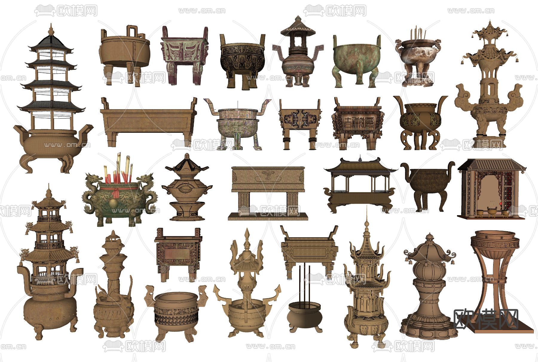 香炉 青铜器 铜炉 青铜鼎3d模型下载（渲染图2）