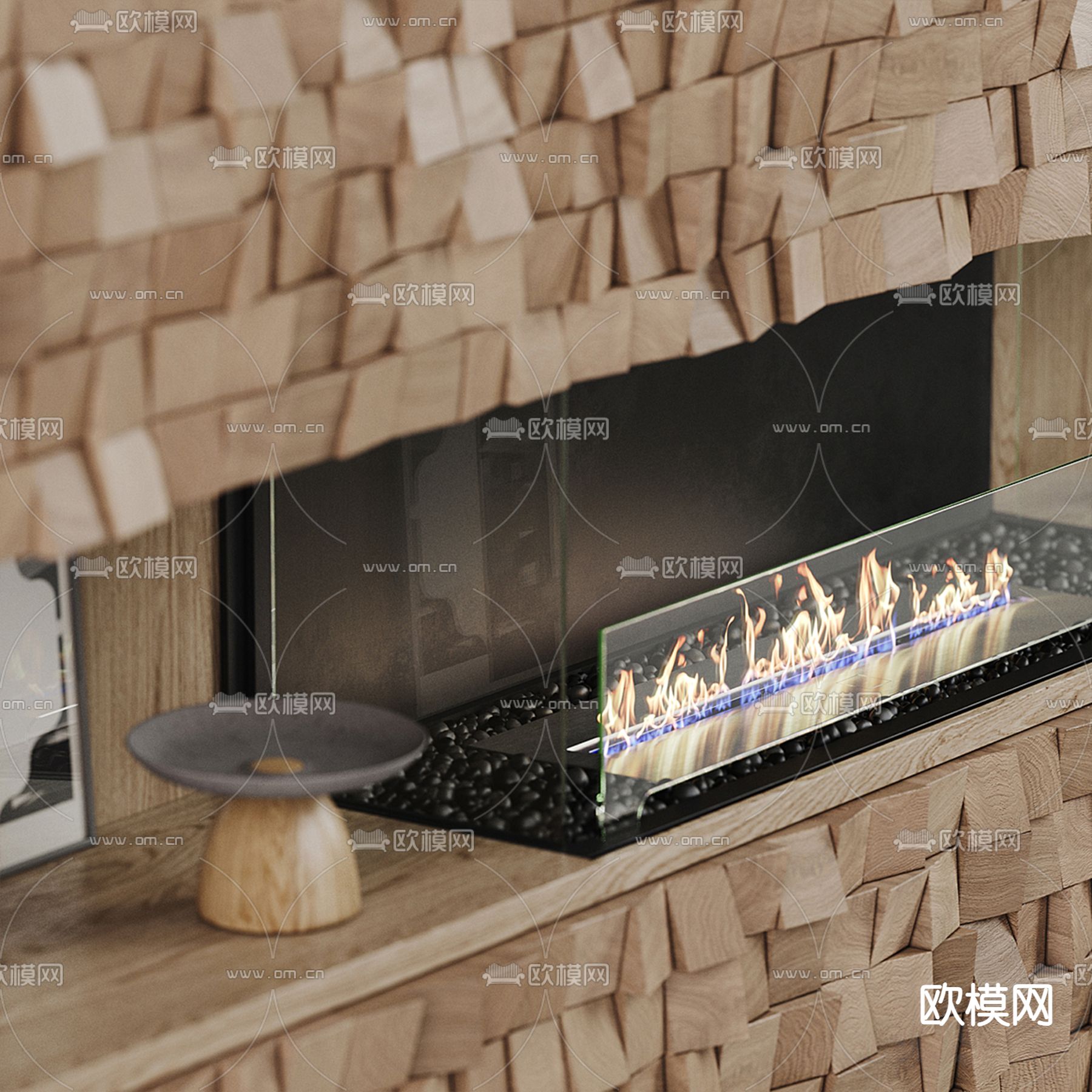 嵌入式式壁炉 火焰 文化石3d模型下载（渲染图4）