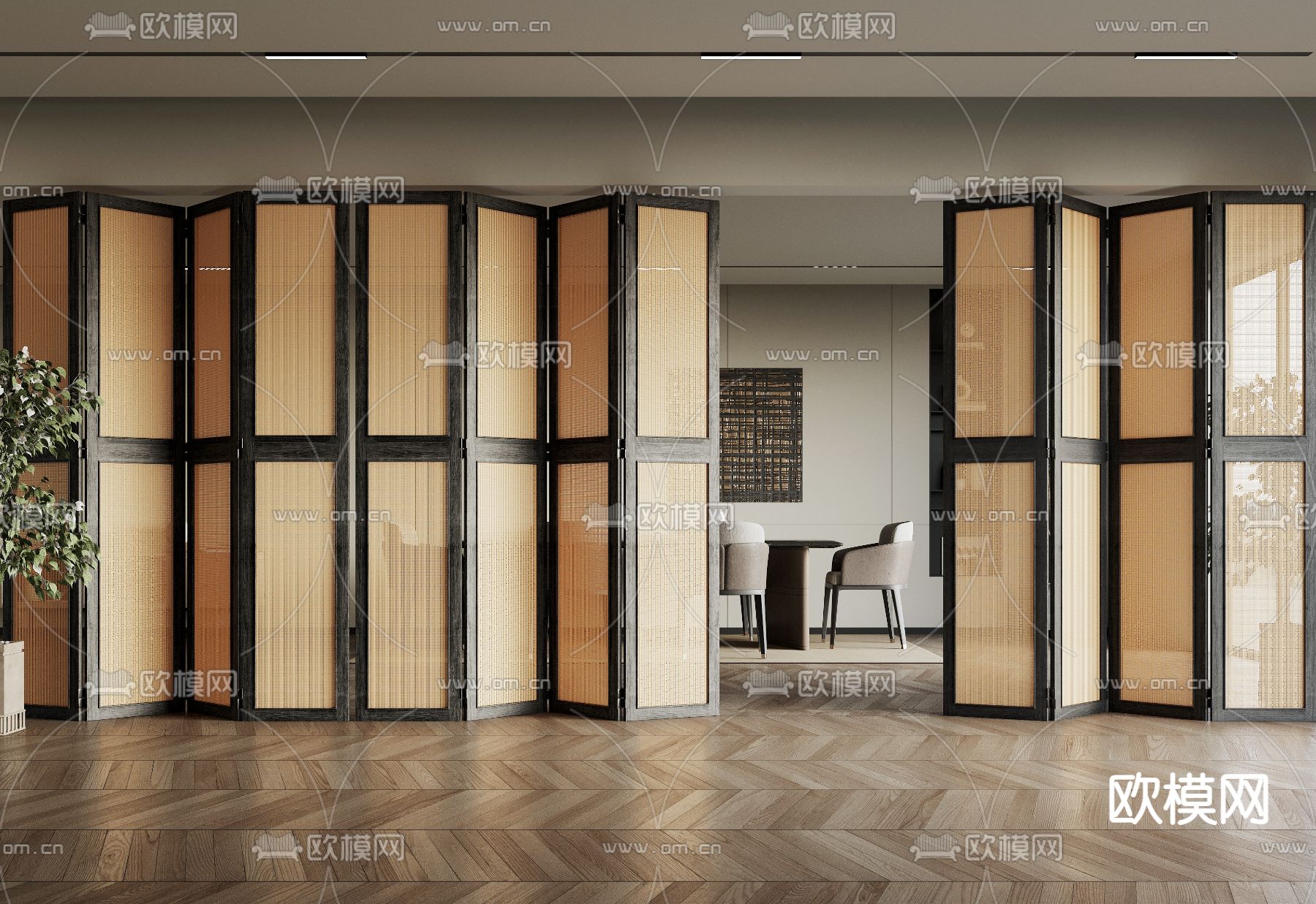 侘寂折叠门 屏风隔断su模型下载（渲染图1）