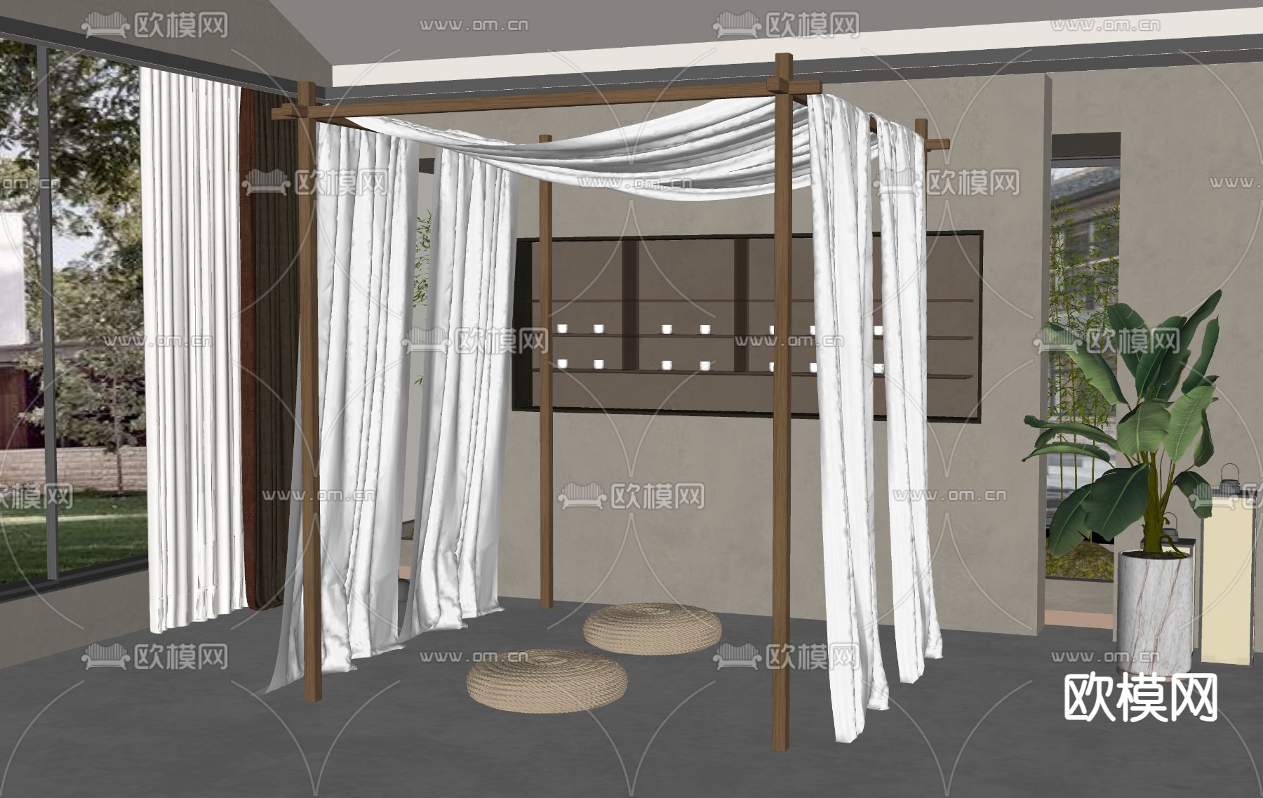 新中式打坐室su模型下载（渲染图2）