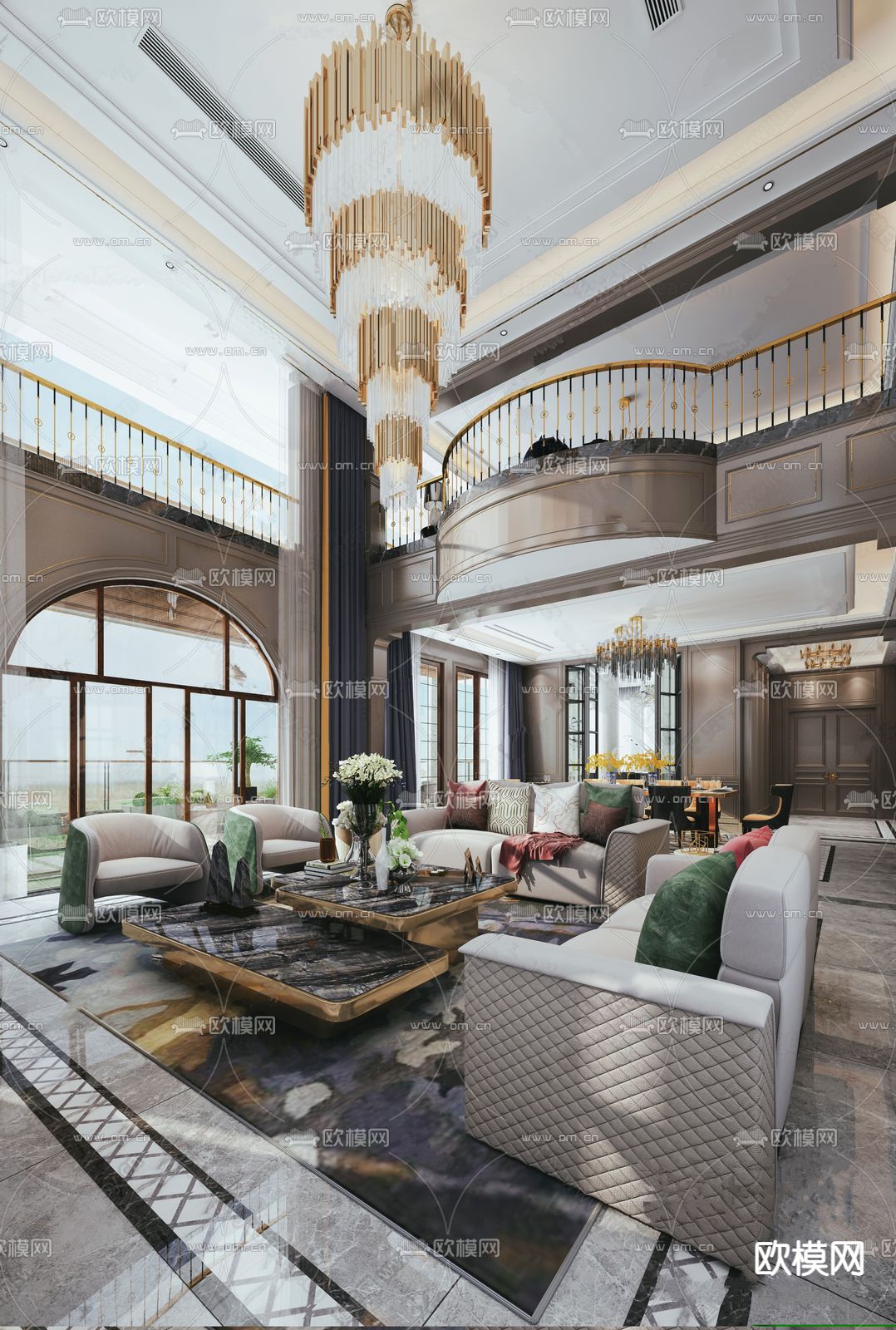 简欧别墅客厅su模型下载（渲染图1）