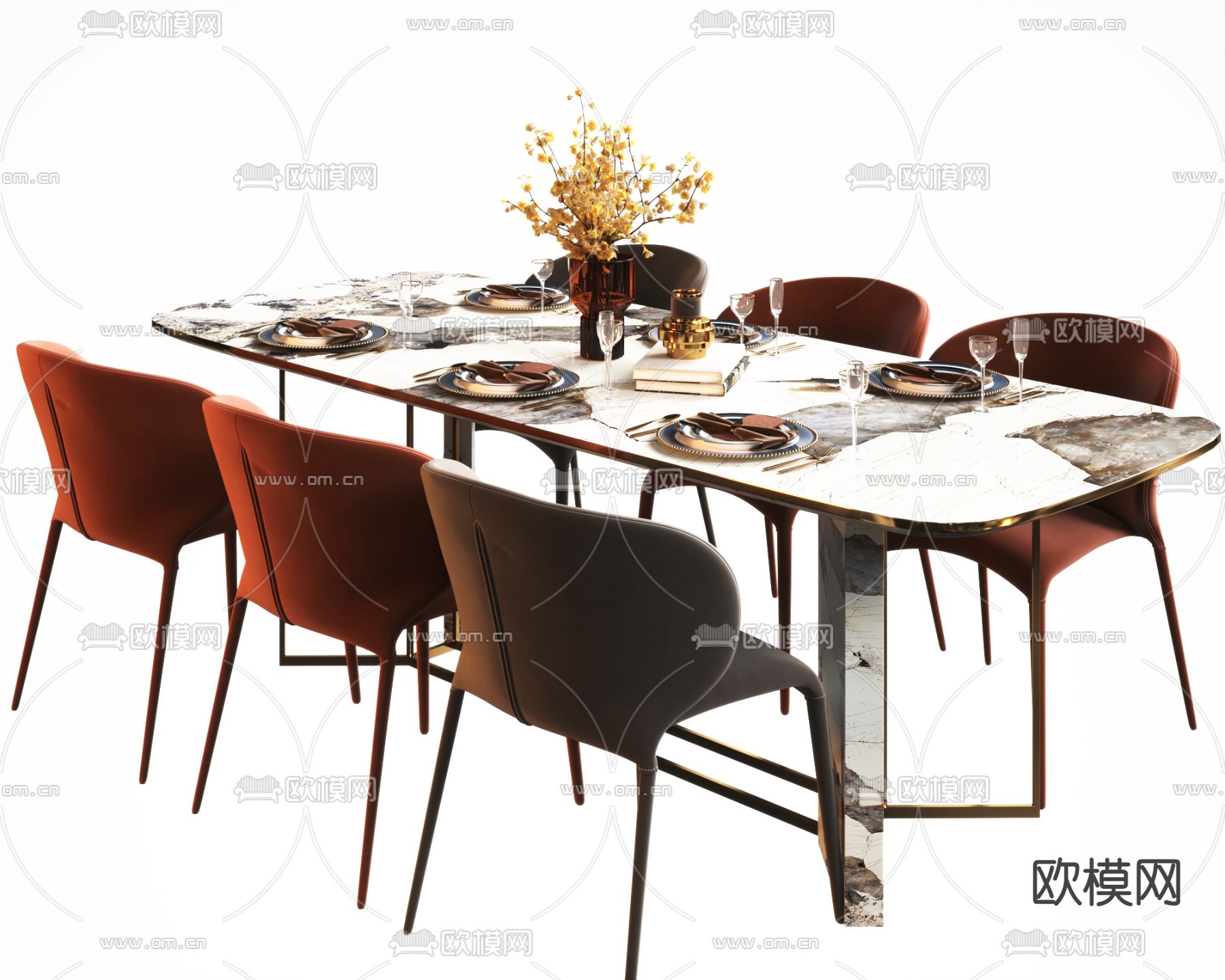 轻奢餐桌椅 大理石餐桌3d模型下载