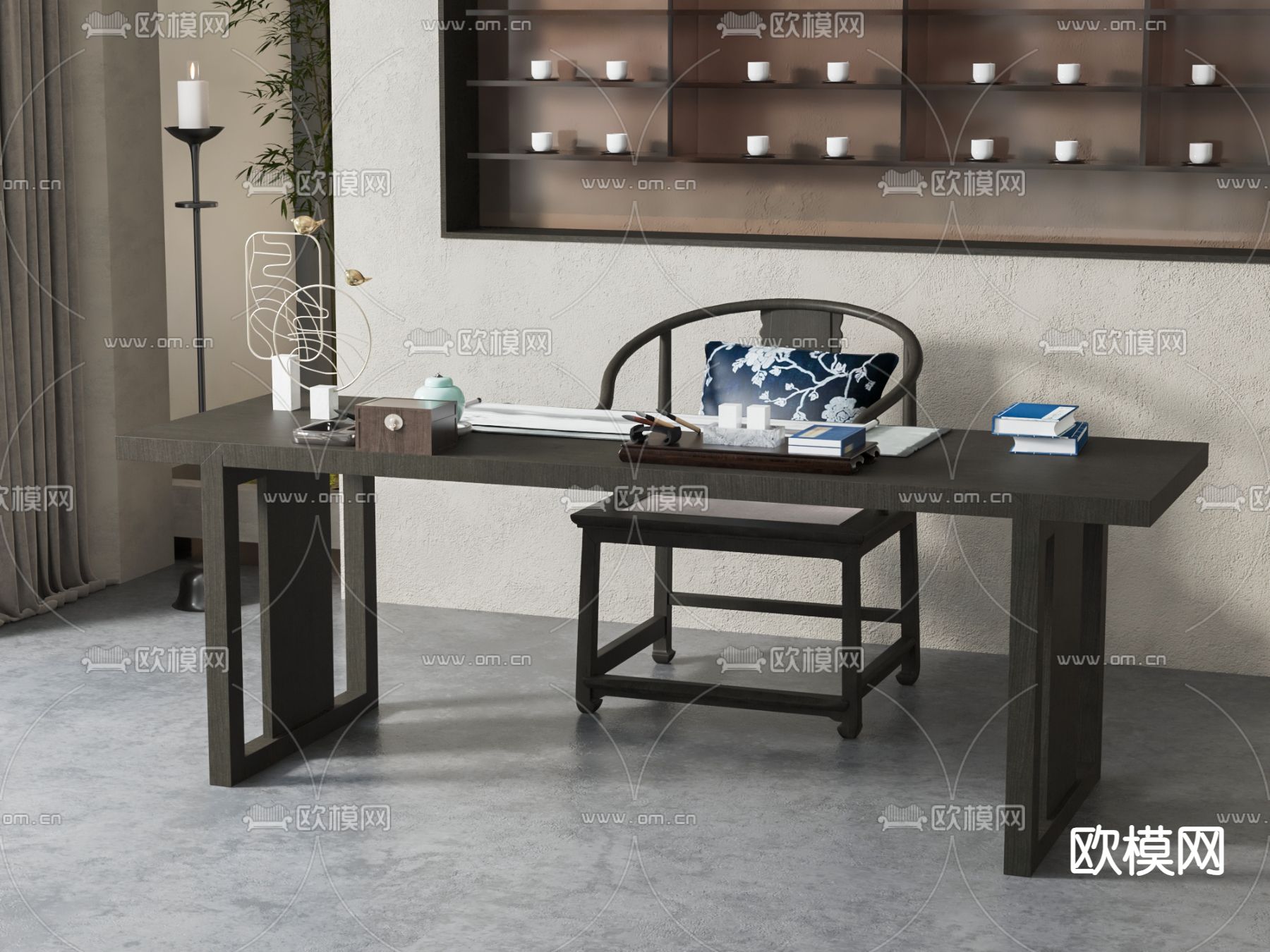 中式书桌椅su模型下载（渲染图1）