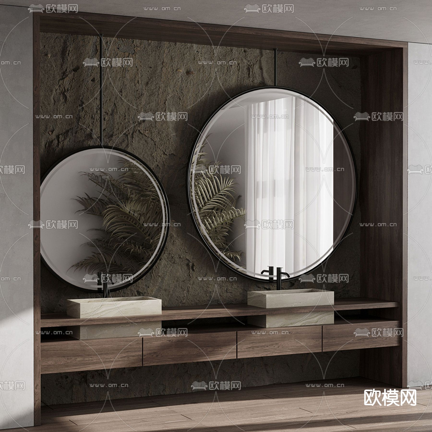 侘寂台盆 双盆洗手台3d模型下载（渲染图3）