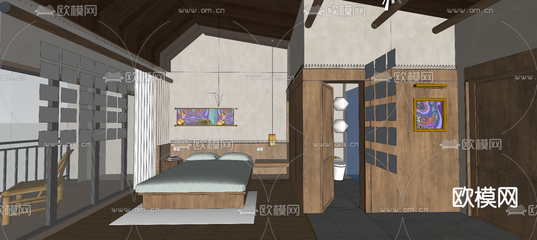 侘寂风民宿卧室su模型下载（渲染图2）
