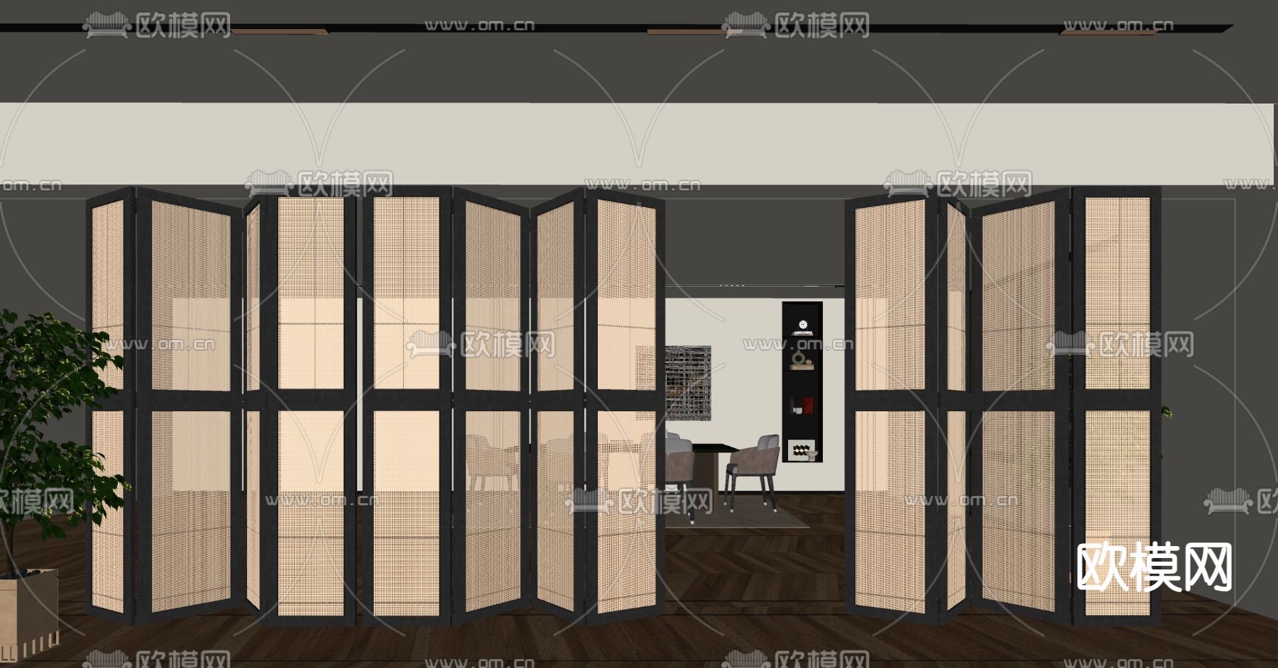 侘寂折叠门 屏风隔断su模型下载（渲染图2）