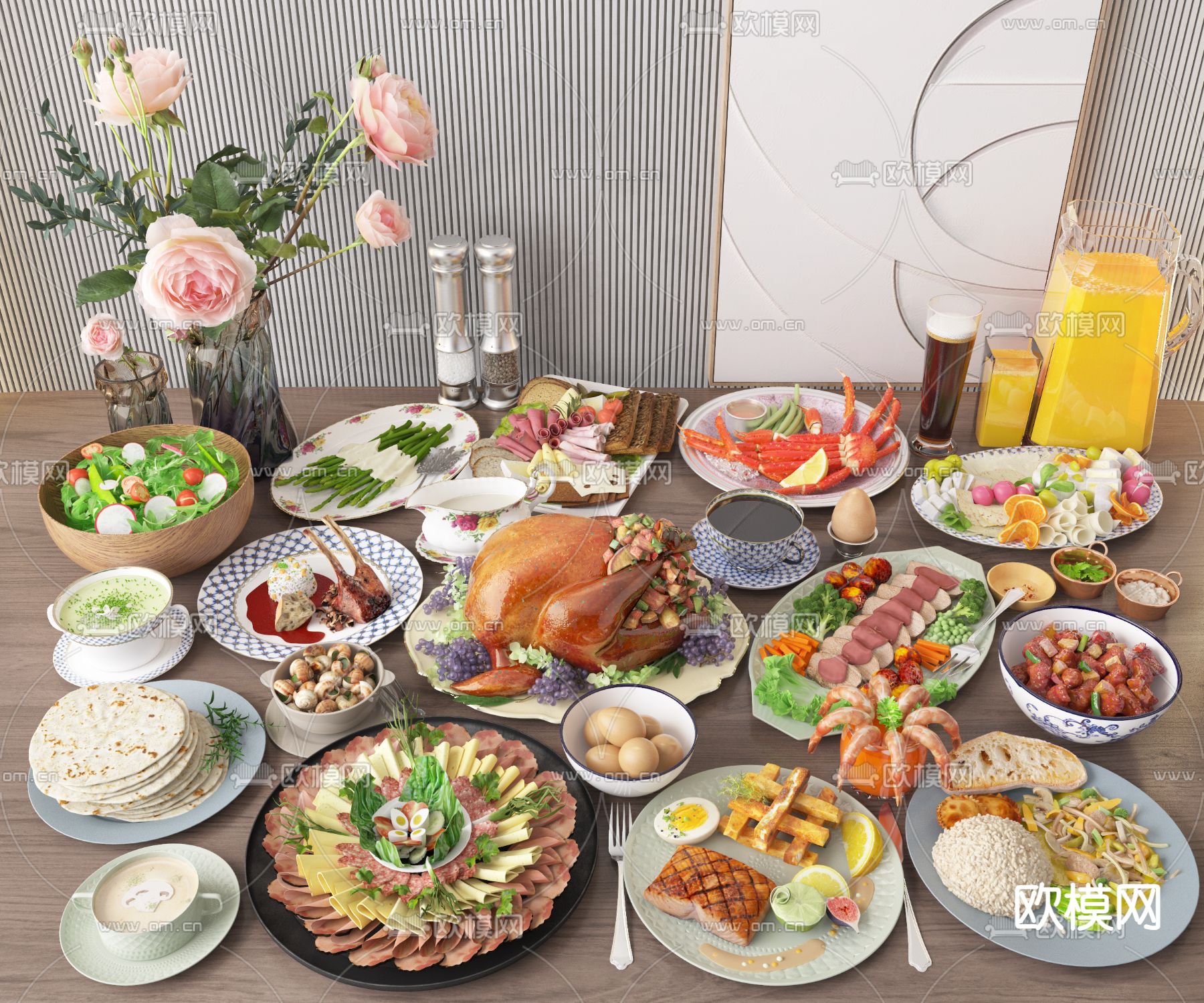 美食中餐 烤鸡 肉菜拼盘 煎饼 蔬菜沙拉3d模型下载