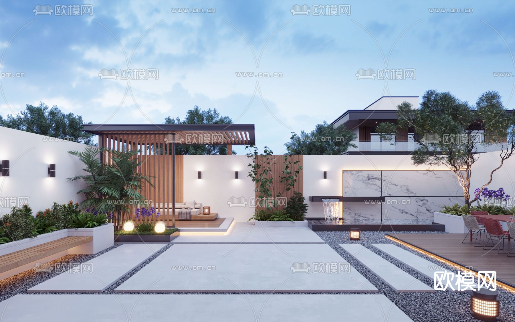 现代庭院景观su模型下载（渲染图1）