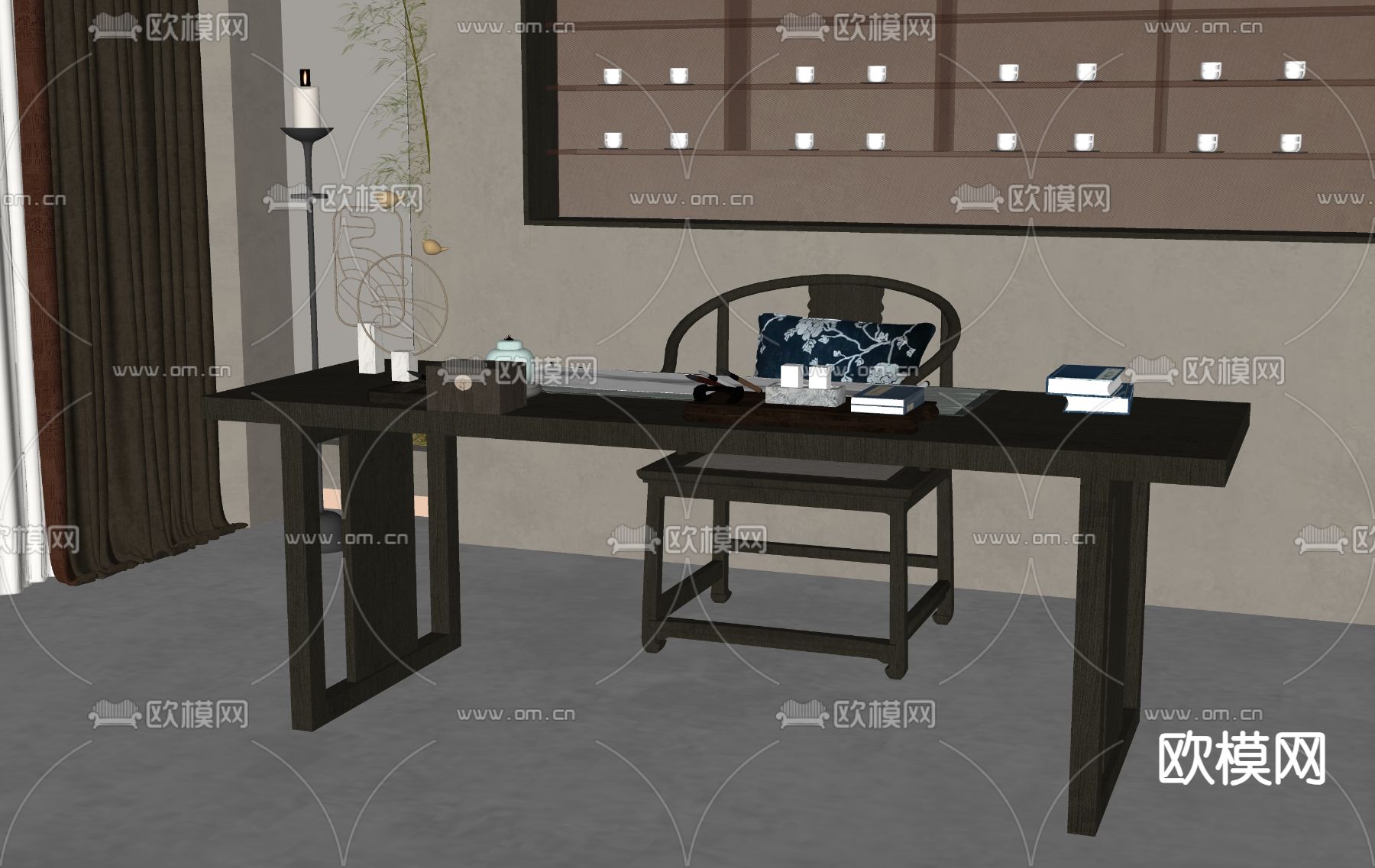 中式书桌椅su模型下载（渲染图2）