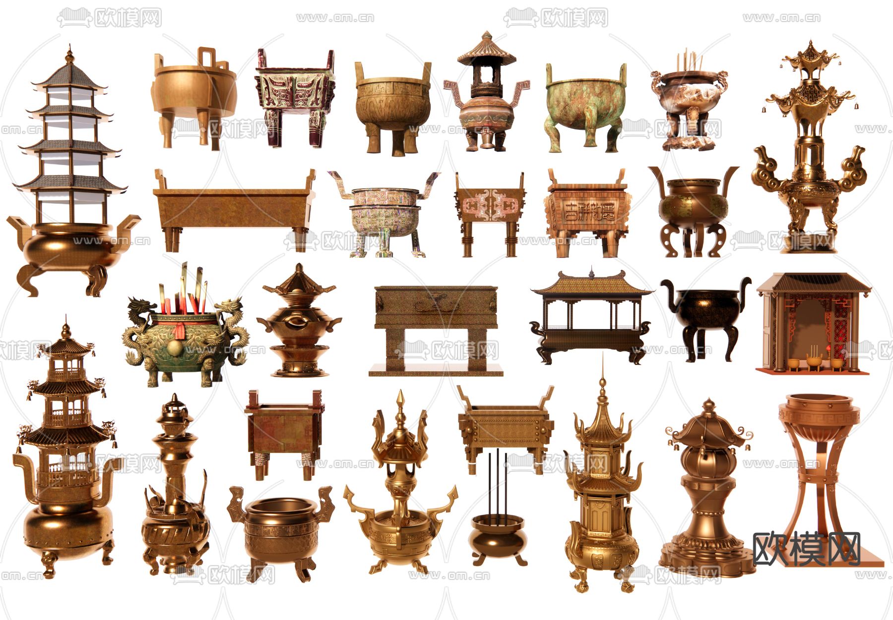 香炉 青铜器 铜炉 青铜鼎3d模型下载（渲染图1）