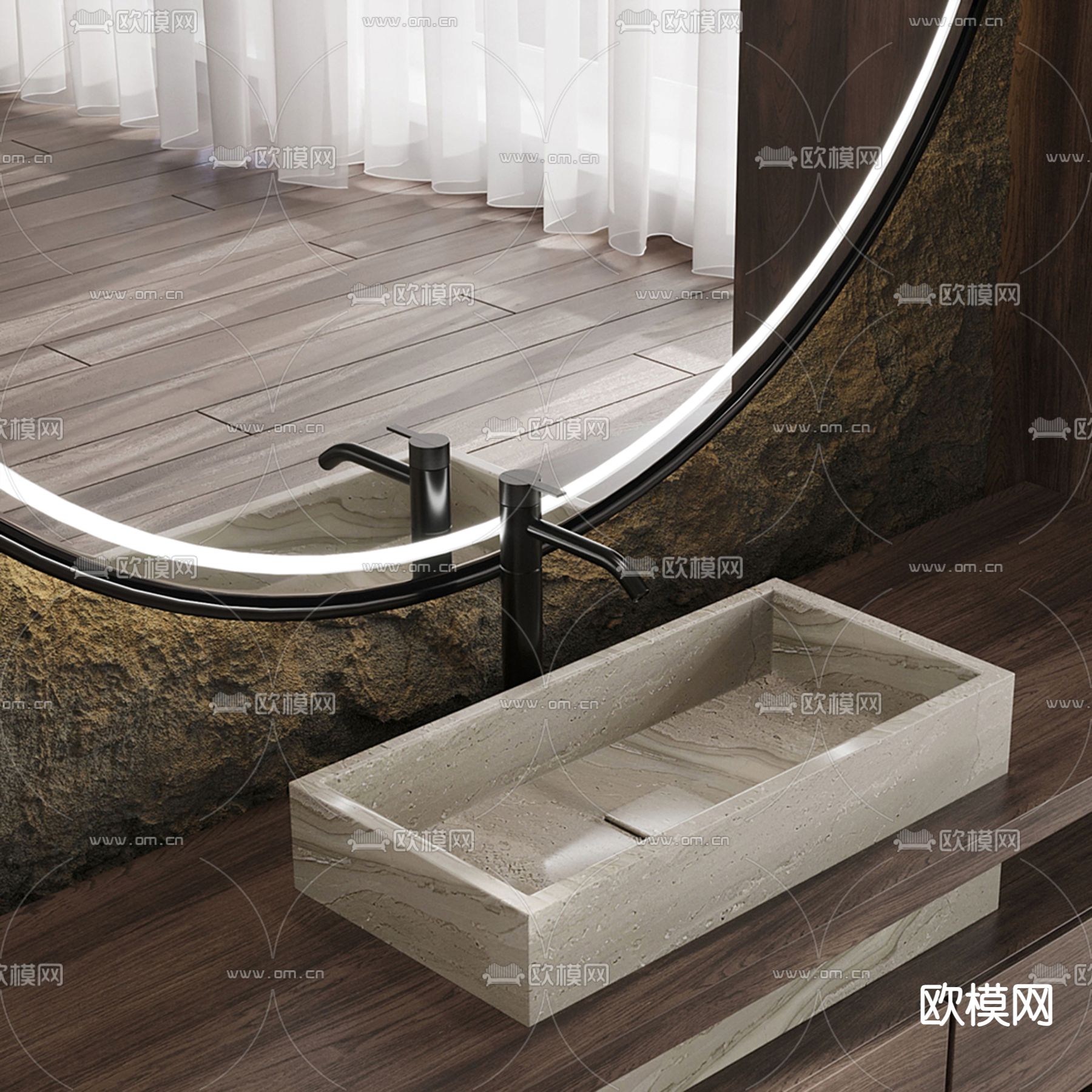 侘寂台盆 双盆洗手台3d模型下载（渲染图5）