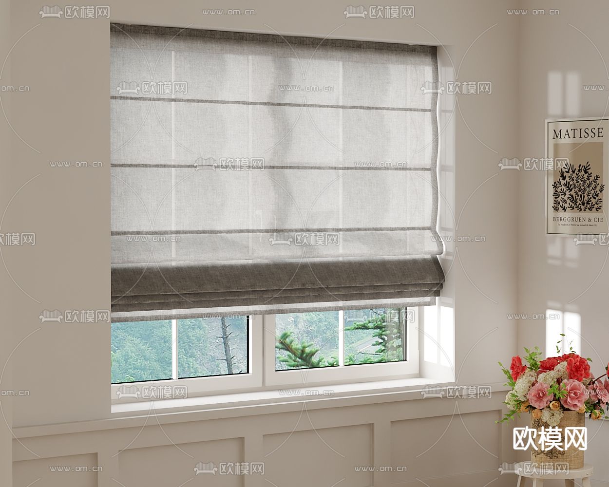 简欧罗马帘 窗帘3d模型下载（渲染图1）