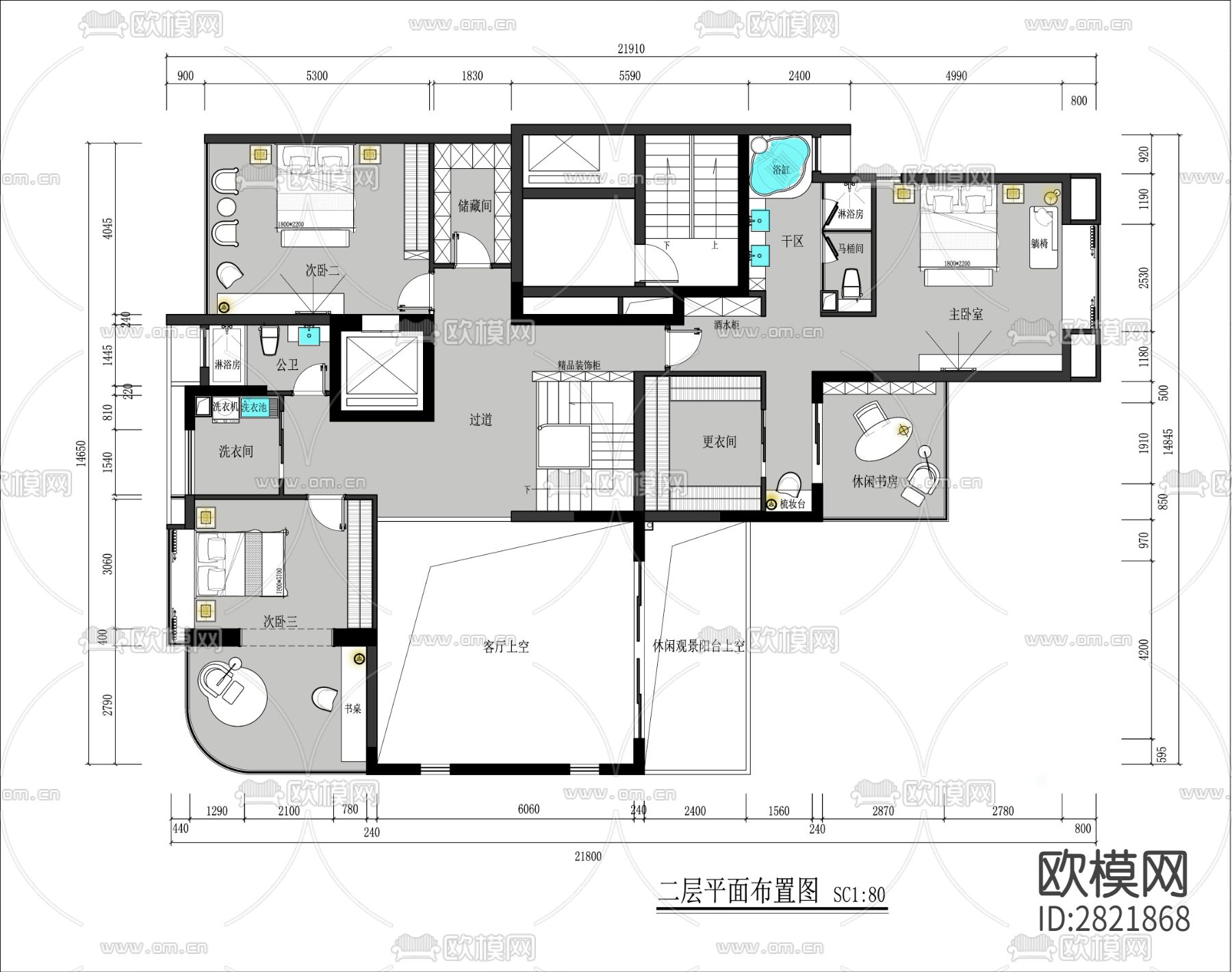 大平层复式结构平面方案图+彩图PSD文件cad施工图下载（渲染图2）