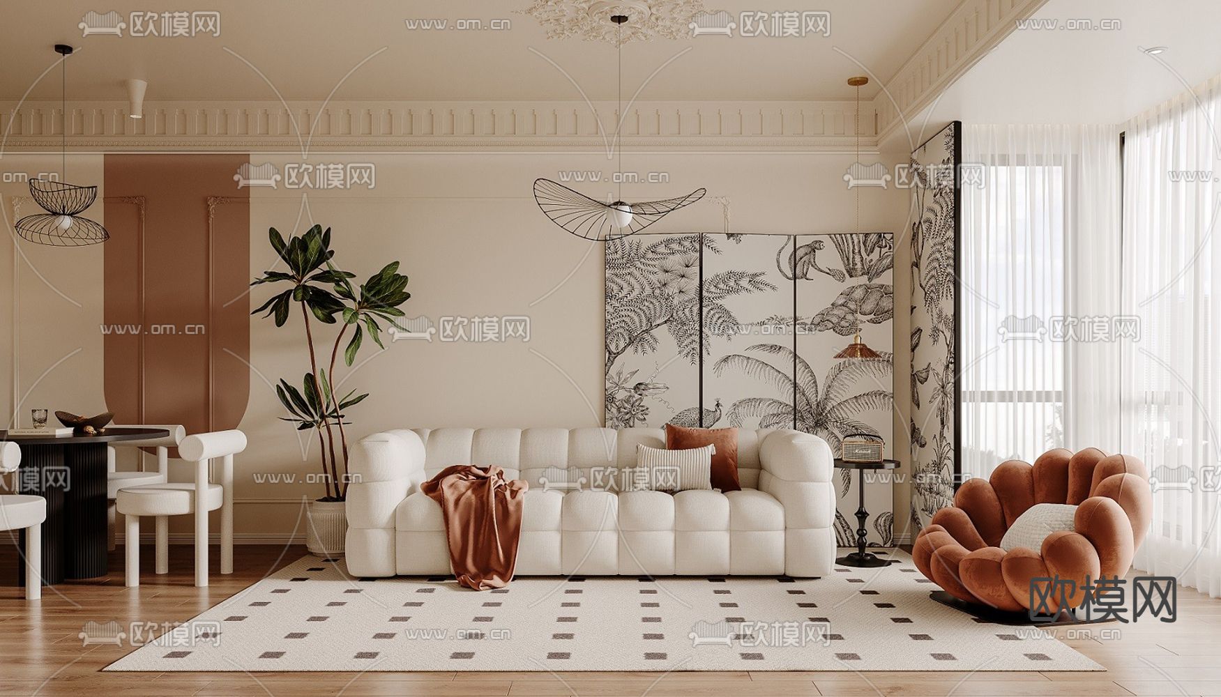 法式客厅su模型下载（渲染图1）