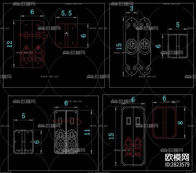 明清古典紅木家具五金銅件cad圖庫下載(渲染圖7)