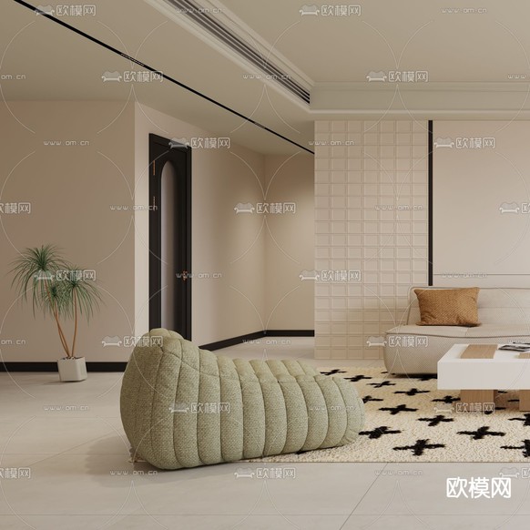 奶油风客厅3d模型下载(渲染图3)