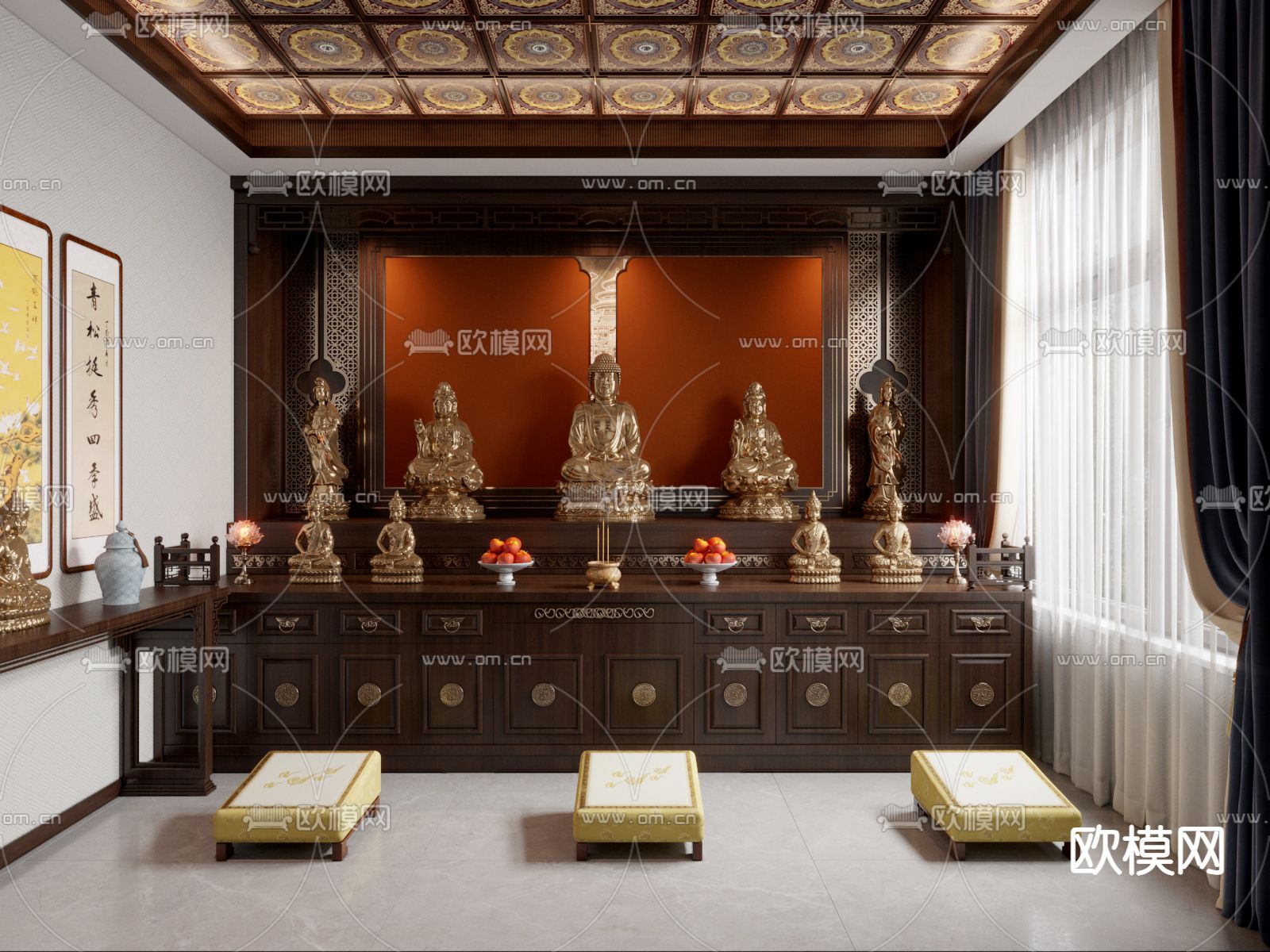 新中式佛堂 祠堂3d模型下载（渲染图1）
