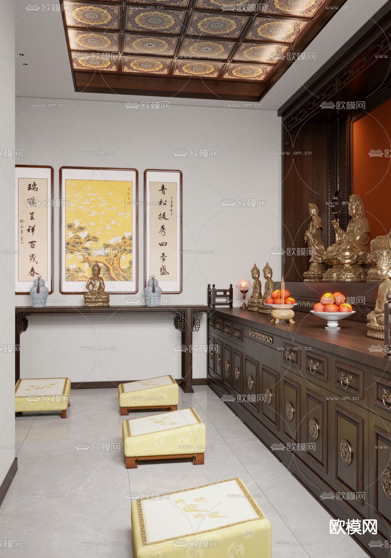 新中式佛堂 祠堂3d模型下载（渲染图2）
