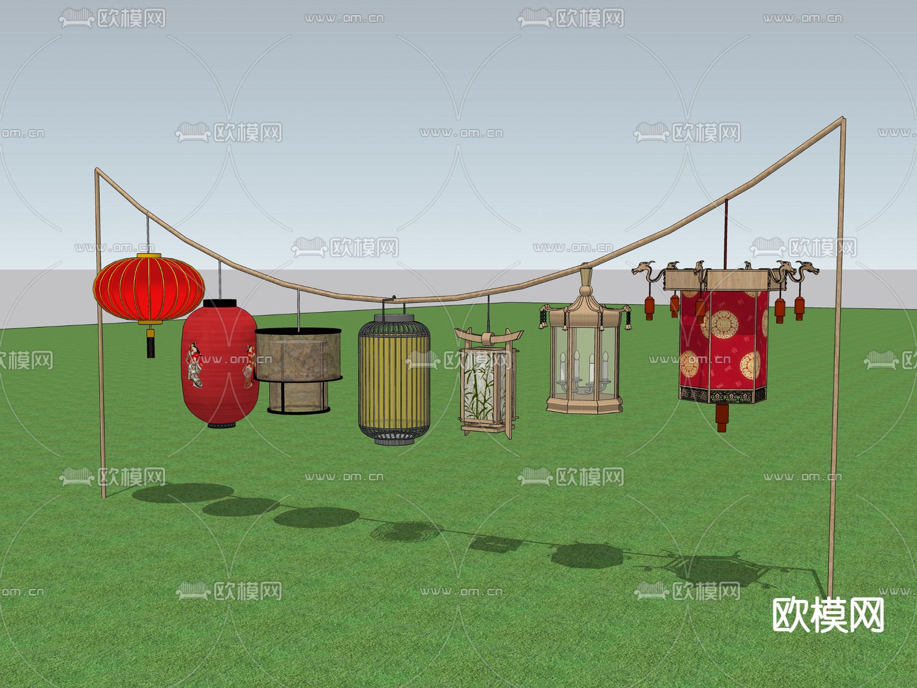 新中式灯笼 装饰吊灯su模型下载（渲染图2）