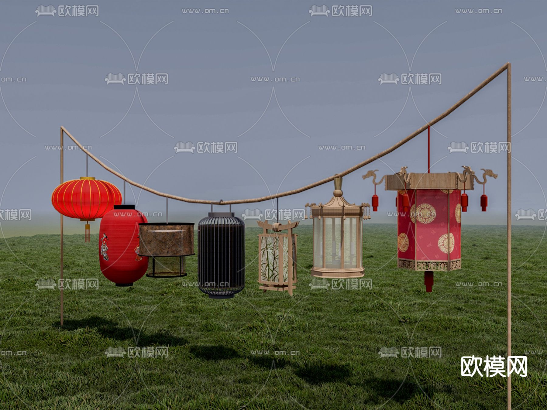 新中式灯笼 装饰吊灯su模型下载（渲染图1）
