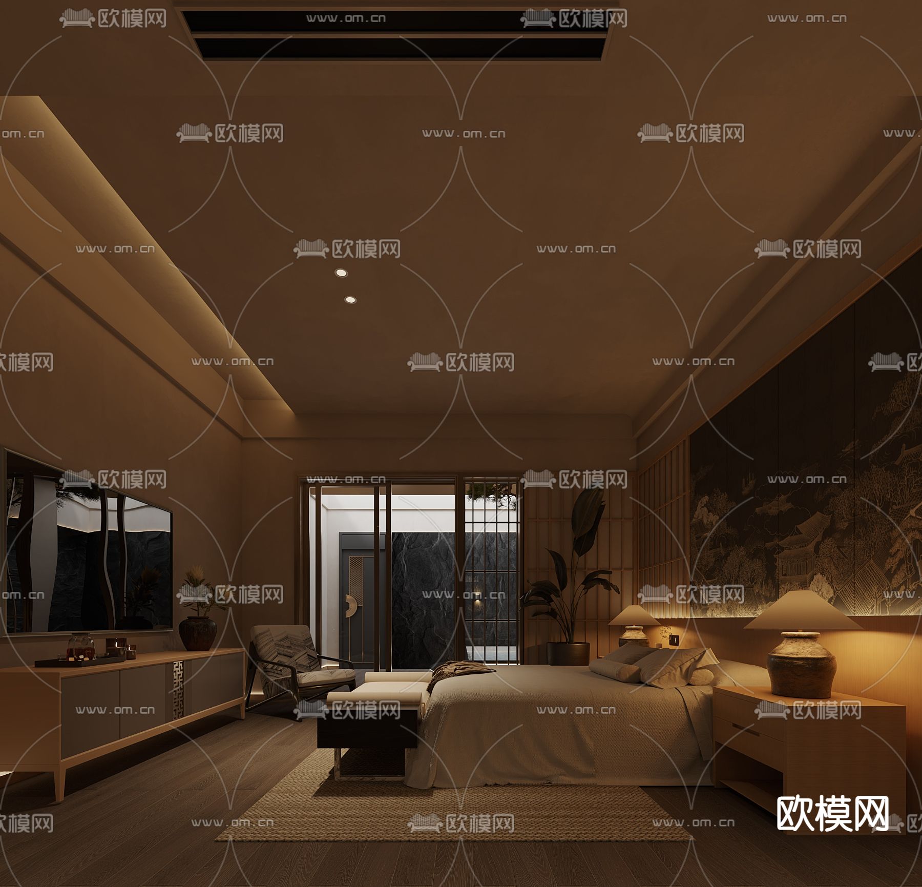 新中式酒店客房su模型下载（渲染图1）